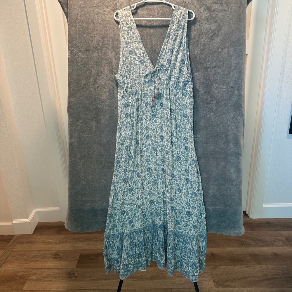 Faherty Eden Dress Women XL Blue Water Floral NWT Boho Maxi Tassel Tie